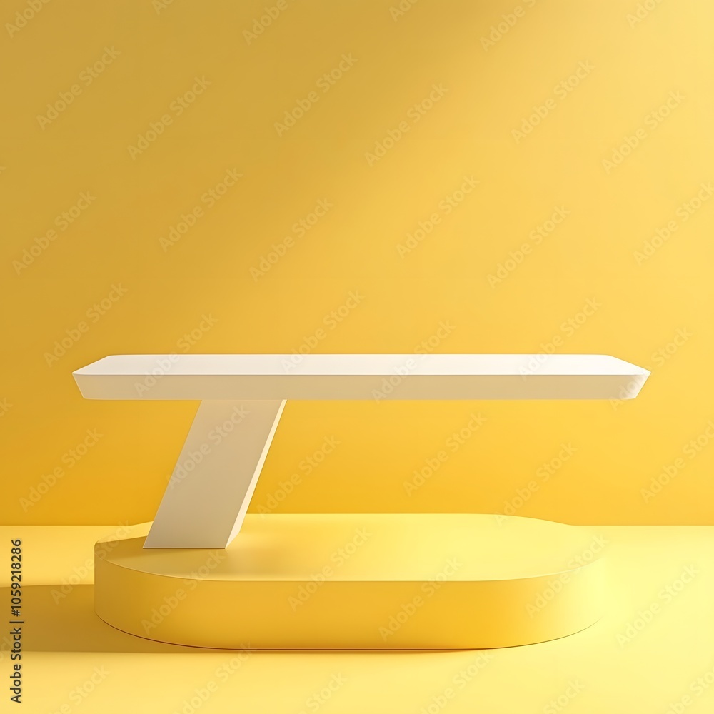 Aufkleber a 3d podium white rectangular table is balanced on the edge of an angled yellow platform, in a minim