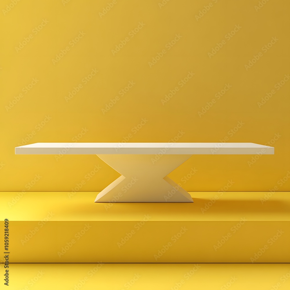 Poster a 3d podium white rectangular table is balanced on the edge of an angled yellow platform, in a minim