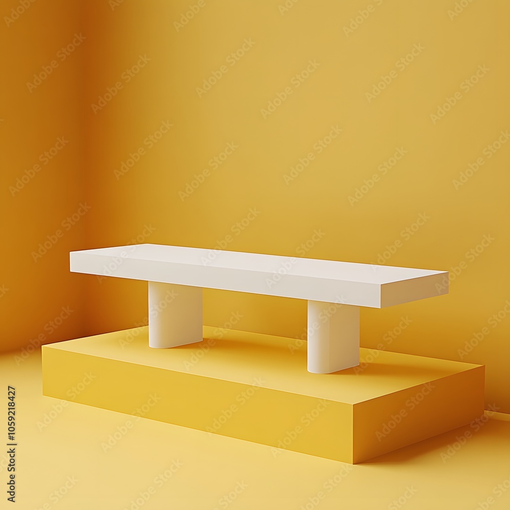 Poster a 3d podium white rectangular table is balanced on the edge of an angled yellow platform, in a minim
