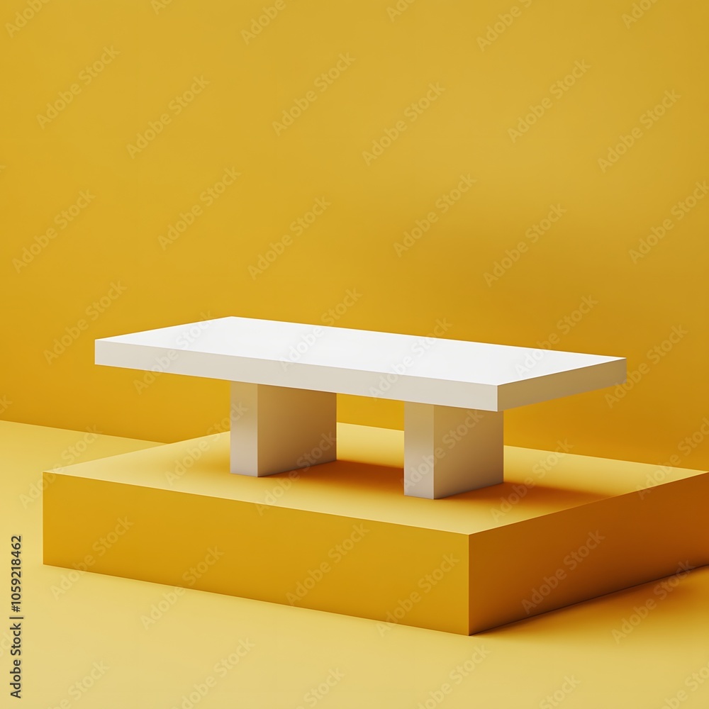 Poster a 3d podium white rectangular table is balanced on the edge of an angled yellow platform, in a minim