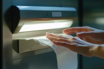 Obraz premium Hands of a person using a paper towel, automatic dispenser, public restroom, bright light, close-up 3