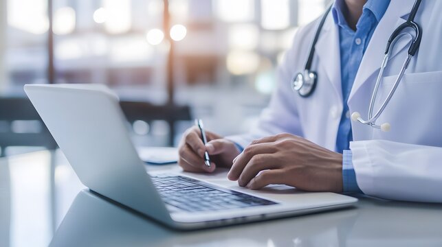 Candid photo of a doctor reviewing patient information in the OPD, attentive and focused, modern clinic setup