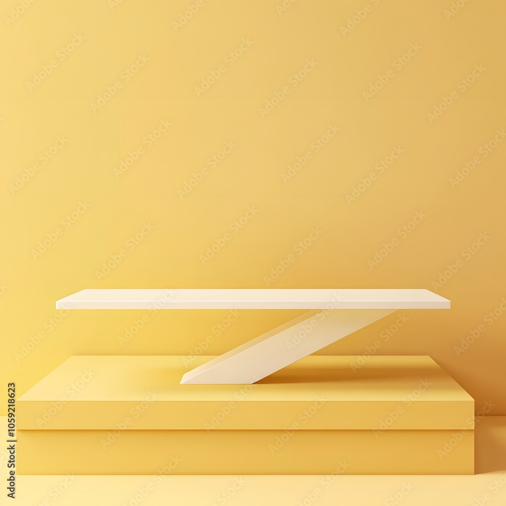 Aufkleber a 3d podium white rectangular table is balanced on the edge of an angled yellow platform, in a minim