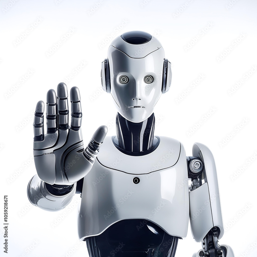 Aufkleber ai robot doing stop sign with palm of the hand floating or flying isolated white background