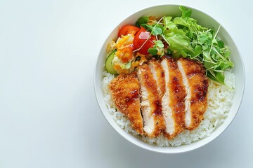 Chicken katsu and mayo salad rice bowl on a white floor viewed from a medium angle