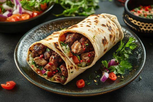Chicken kafta shawarma pita wrap traditional Middle Eastern cuisine