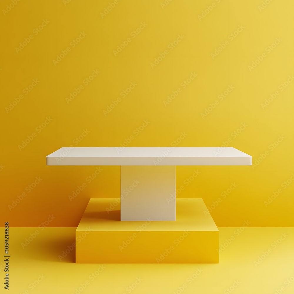 Poster a 3d podium white rectangular table is balanced on the edge of an angled yellow platform, in a minim