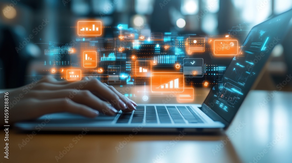 Aufkleber a person's hand types on a laptop with glowing digital icons above the keyboard, representing data a