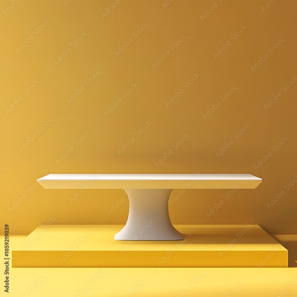 Poster a 3d podium white rectangular table is balanced on the edge of an angled yellow platform, in a minim