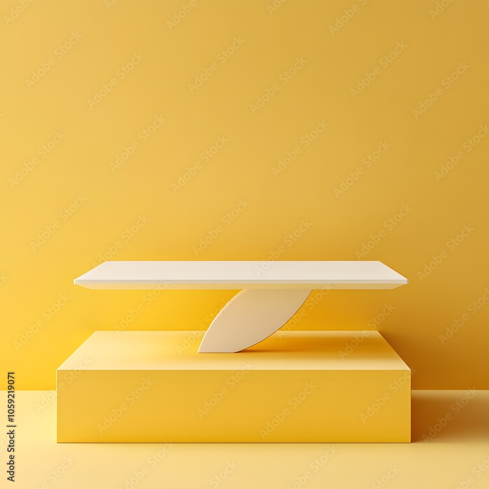Poster a 3d podium white rectangular table is balanced on the edge of an angled yellow platform, in a minim