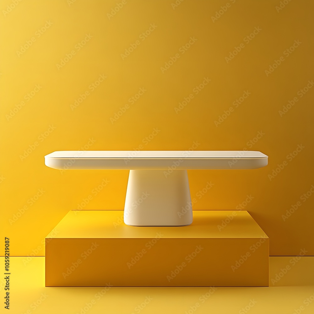 Poster a 3d podium white rectangular table is balanced on the edge of an angled yellow platform, in a minim