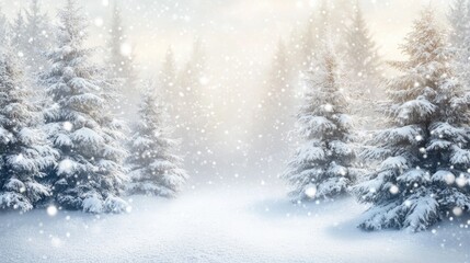 Fototapeta premium Magical Snowy Forest with Tall Evergreens and Soft Sunlight, White Winter Wonderland Forest Landscape