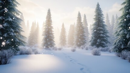 Naklejka premium Magical Snowy Forest with Tall Evergreens and Soft Sunlight, White Winter Wonderland Forest Landscape