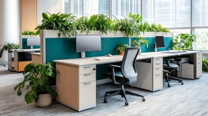 Fototapeta premium Modern office space with plants, desks, and monitors promoting a green work environment.