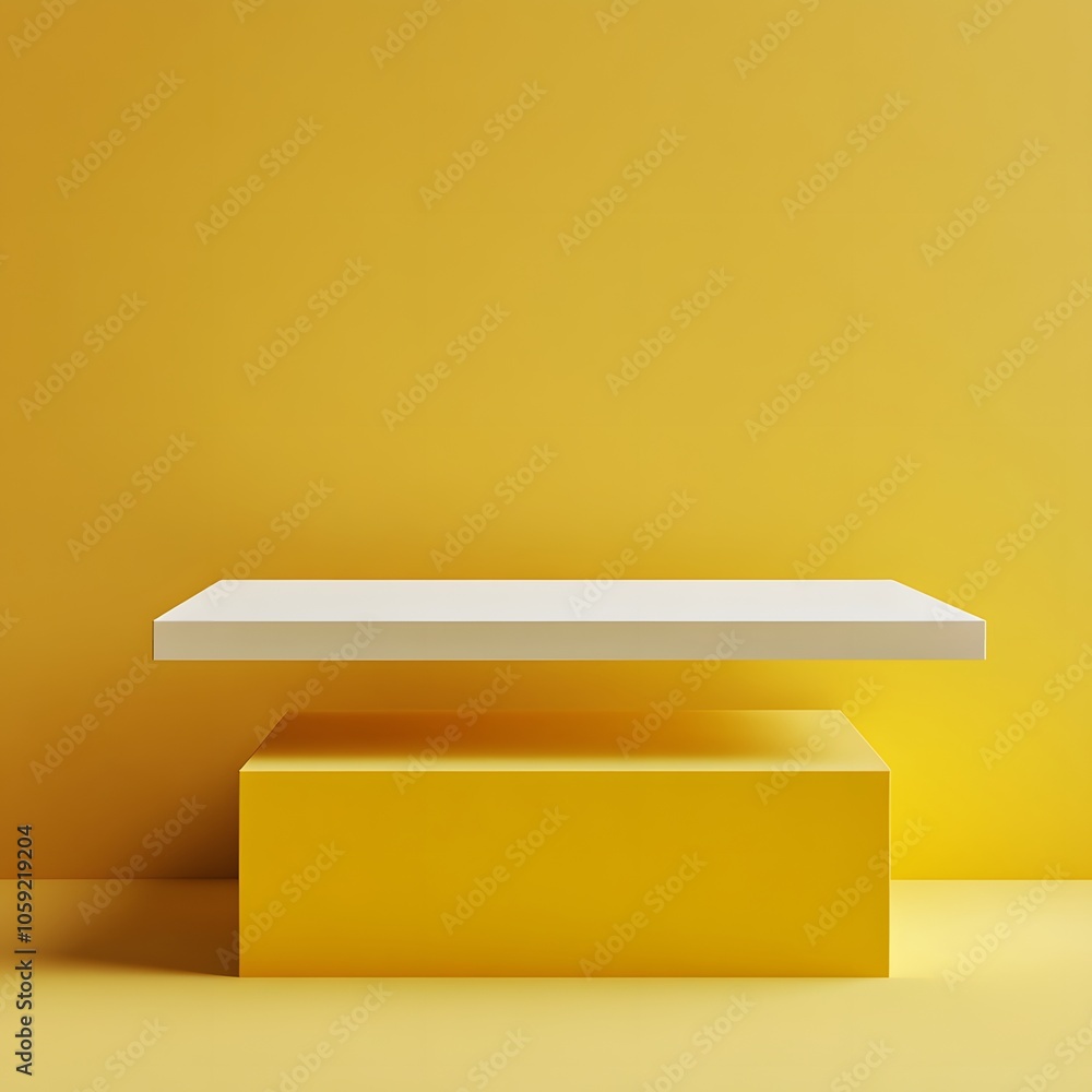 Poster a 3d podium white rectangular table is balanced on the edge of an angled yellow platform, in a minim