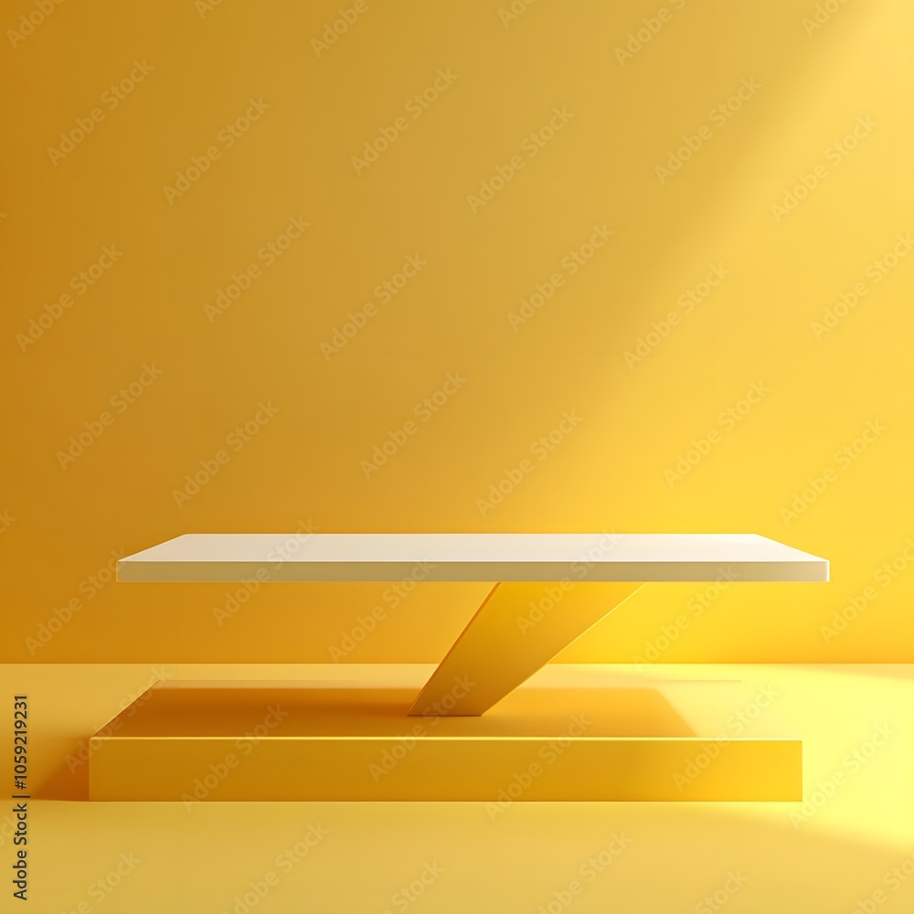 Poster a 3d podium white rectangular table is balanced on the edge of an angled yellow platform, in a minim