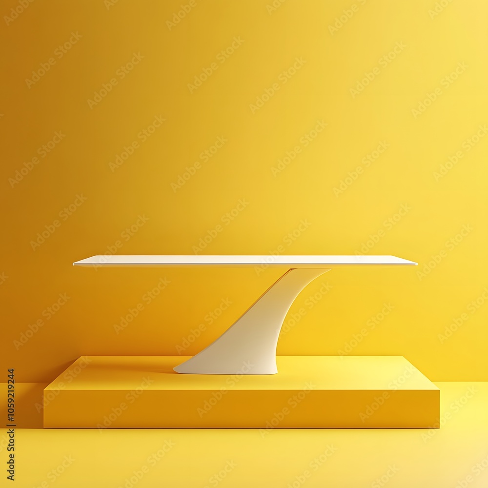 Poster a 3d podium white rectangular table is balanced on the edge of an angled yellow platform, in a minim