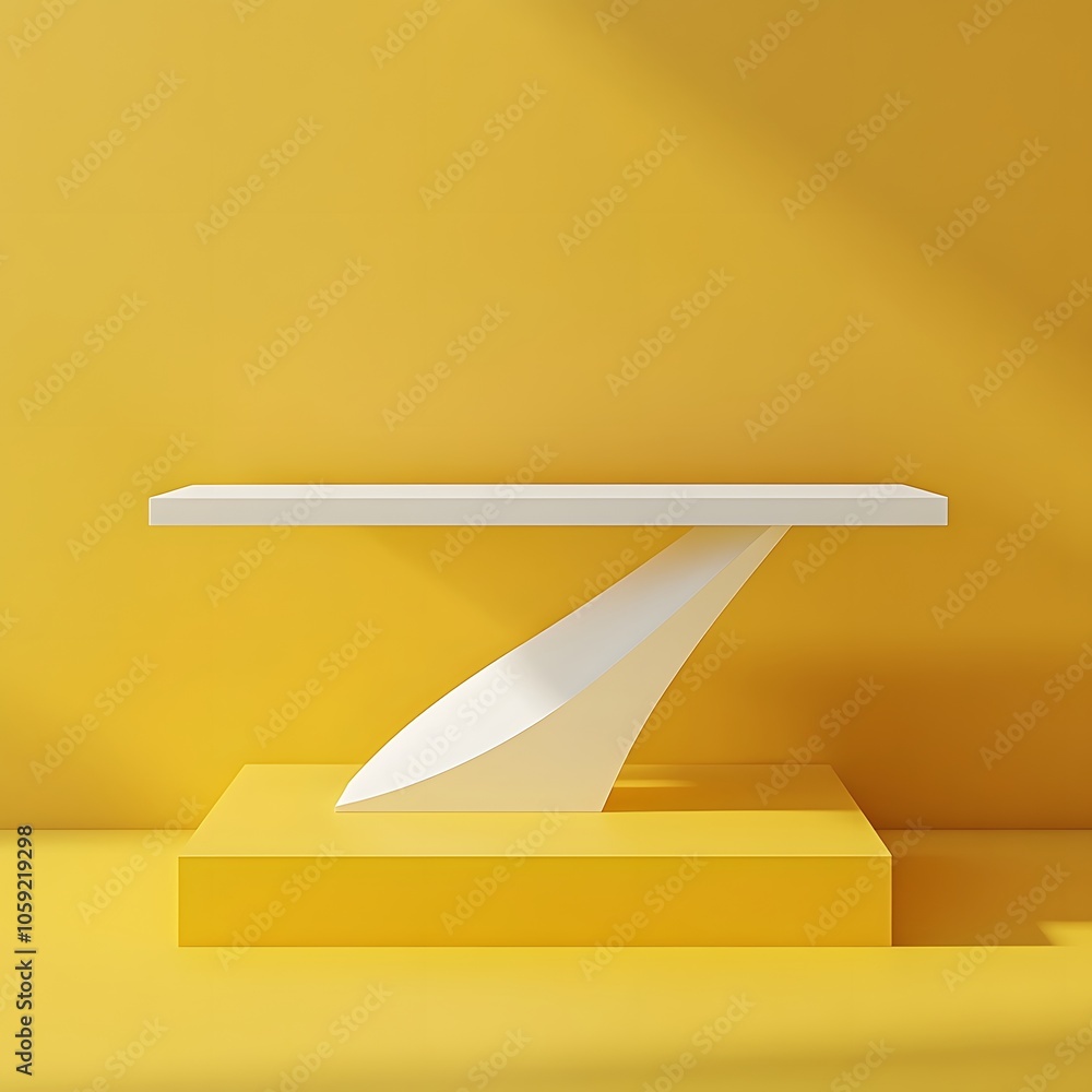 Poster a 3d podium white rectangular table is balanced on the edge of an angled yellow platform, in a minim