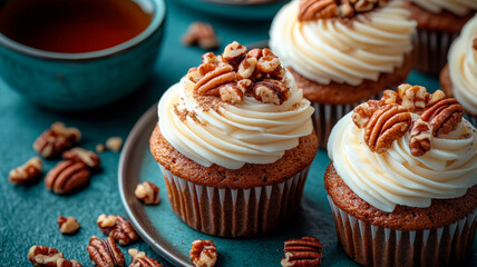 Homemade pumpkin spice caramel pecan cupcakes with cream cheese frosting and tea on a soft turquoise stone tabletop.