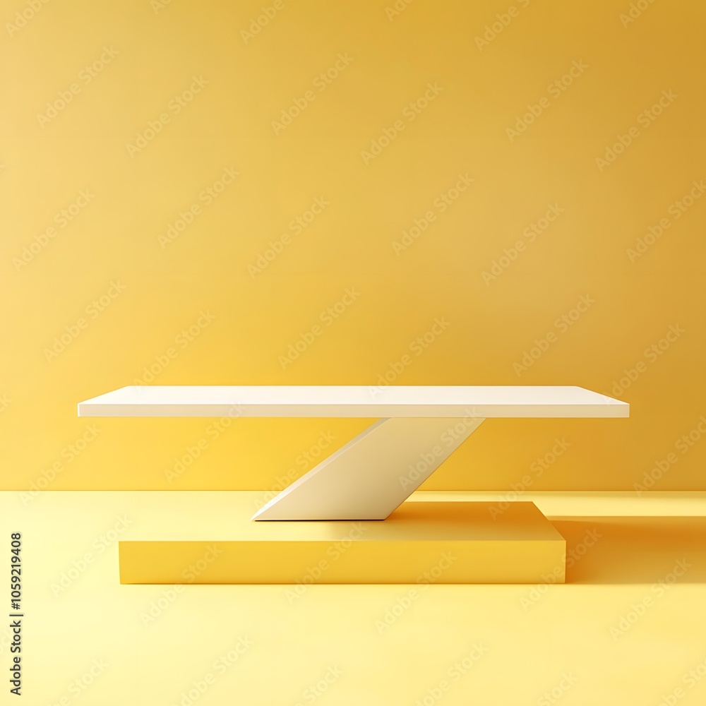Poster a 3d podium white rectangular table is balanced on the edge of an angled yellow platform, in a minim