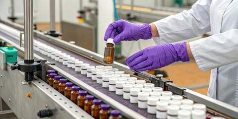 Quality control in pharmaceutical manufacturing, woman in lab coat and gloves overseeing medicine production