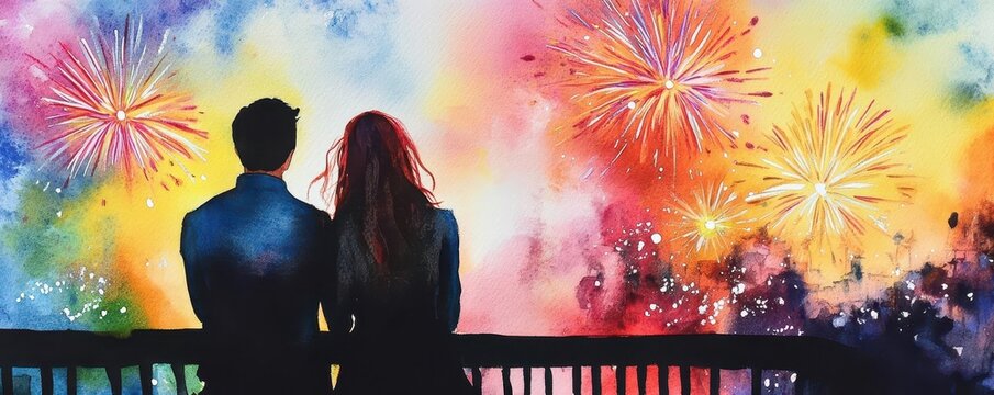 Watercolor painting of a couple watching fireworks from a balcony, with vibrant splashes of color, Romantic New Year s Eve, love and beauty