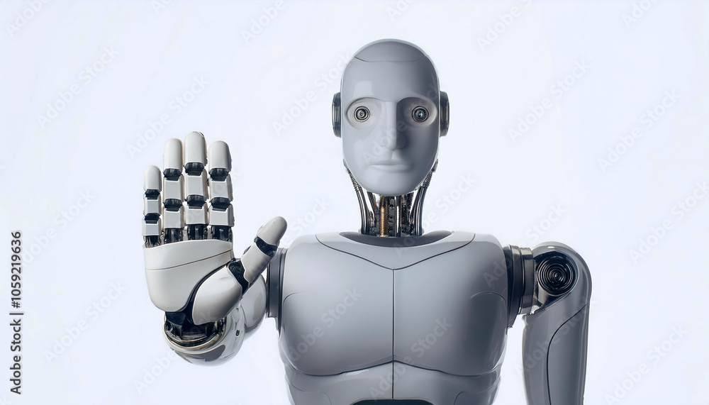 Aufkleber ai robot doing stop sign with palm of the hand floating or flying isolated white background
