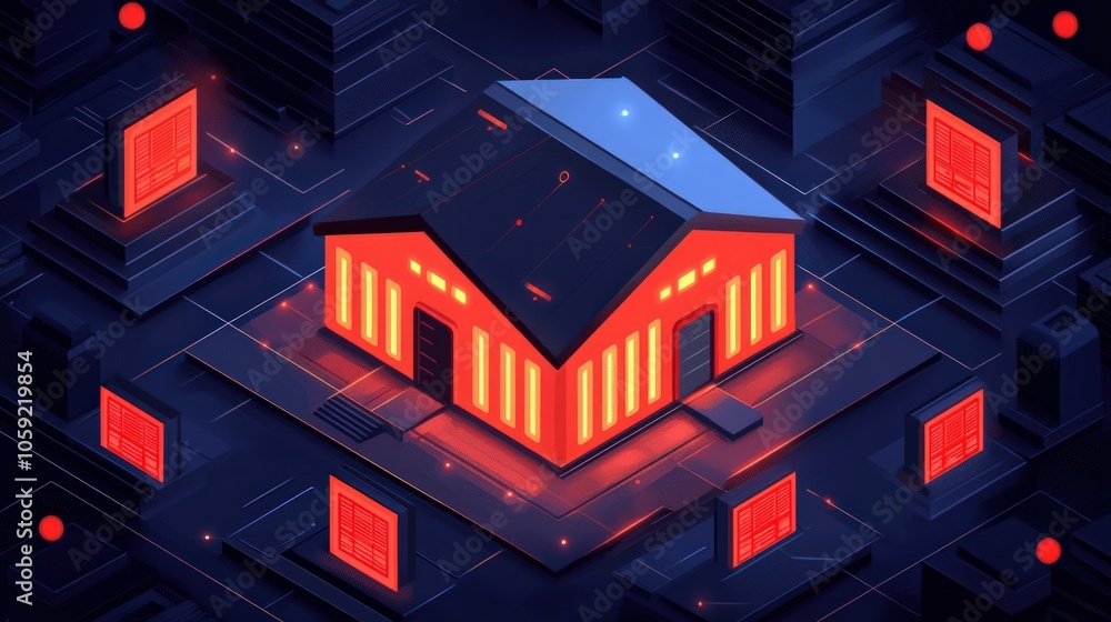 Poster futuristic digital house surrounded by glowing data panels in a tech-driven world