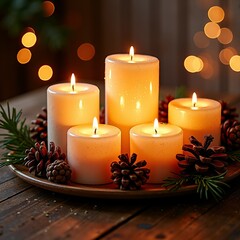Festive candles with pine cones on wooden table