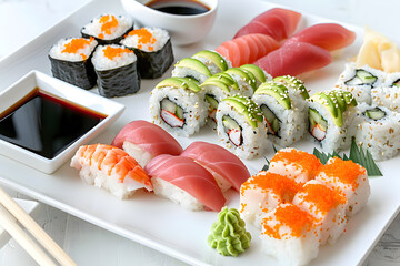 Close-up of elegant sushi assortment with nigiri, sashimi, and rolls on a pristine white plate