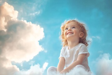 Child smiling while sitting on a cloud in the sky, blue sky, dreamy, fantasy, bright lighting 1
