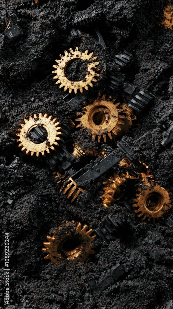 Poster intricate gears and cogs merging in a dark textured environment