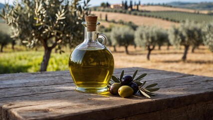 Bottle of olive oil in olive garden, views of Italy in the background. Italian olive oil