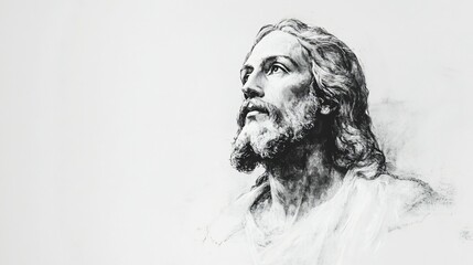 Sketch of Jesus Christ on white background with copy space