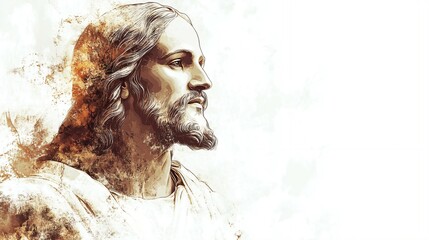 Sketch of Jesus Christ on white background with copy space