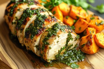 Chicken roulade with sweet potatoes green veggies and chimichurri