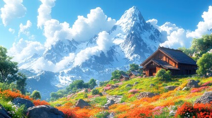 A Rustic Wooden Cabin Nestled in a Mountainous Meadow with Blooming Wildflowers