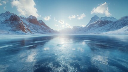 Fototapeta premium Snowy Mountains and Glaciers: A Winter Wonderland with Ice Lakes and Vehicles for Advertising Backgrounds