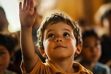Child raising hand in class, eager look, students and teacher in background, natural daylight, front angle 4