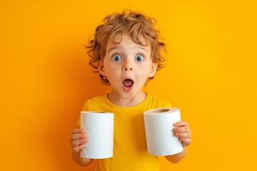 Child holding rolls of toilet paper, surprised expression, vibrant background, playful, front view 2