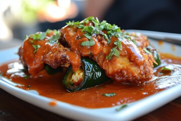 Fototapeta premium Chile topped with zesty adobo fried poblano and hot sauce