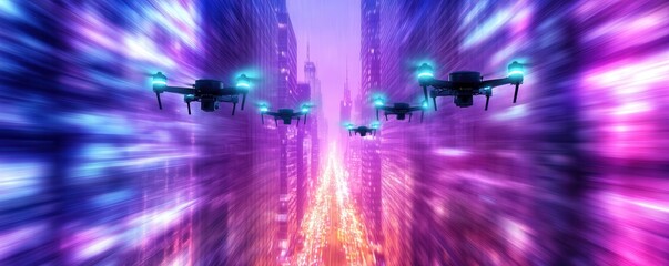 A futuristic scene depicting drones flying through a vibrant, colorful urban environment, with glowing lights and a sense of motion.
