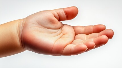 Close-up of a child's chubby hand, emphasizing the realism of skin with fingers and fingerprints on white background