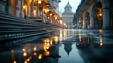 Fototapeta premium Elegant architecture with illuminated street lamps and reflections on a wet surface in a historic setting during evening twilight.