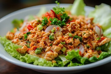 Chili flavored ground chicken salad on a white dish