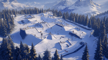 Snow Park with Freestyle Features in crisp winter blues bustling with snowboarders and skiers nestled in mountain panorama