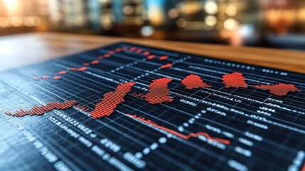 Red dotted line graph on a black background on a wooden desk showing a stock market downturn.