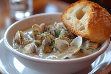 Clam chowder from New England served with bread