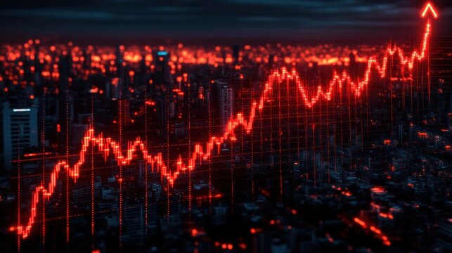 Red graph line rising over a city at night.