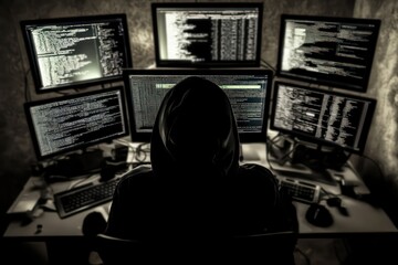 A dark-hooded hacker sits in front of multiple computer screens displaying lines of code, creating a scene of a cyber attack.
